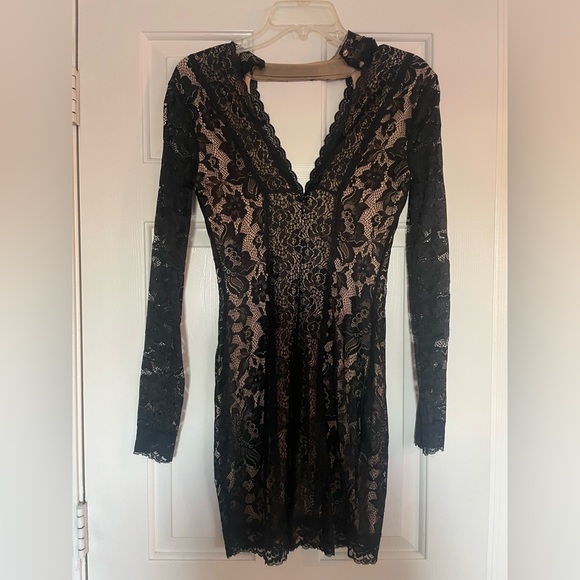 bebe Dresses & Skirts - bebe Black Lace Nude Lined Choker Plunge V Long Sleeve Mini Dress Small